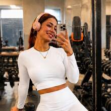 Cropped Feminino Manga Longa Fit Academia UV Fitness Estilo Blogueira - Branco - Visão 1