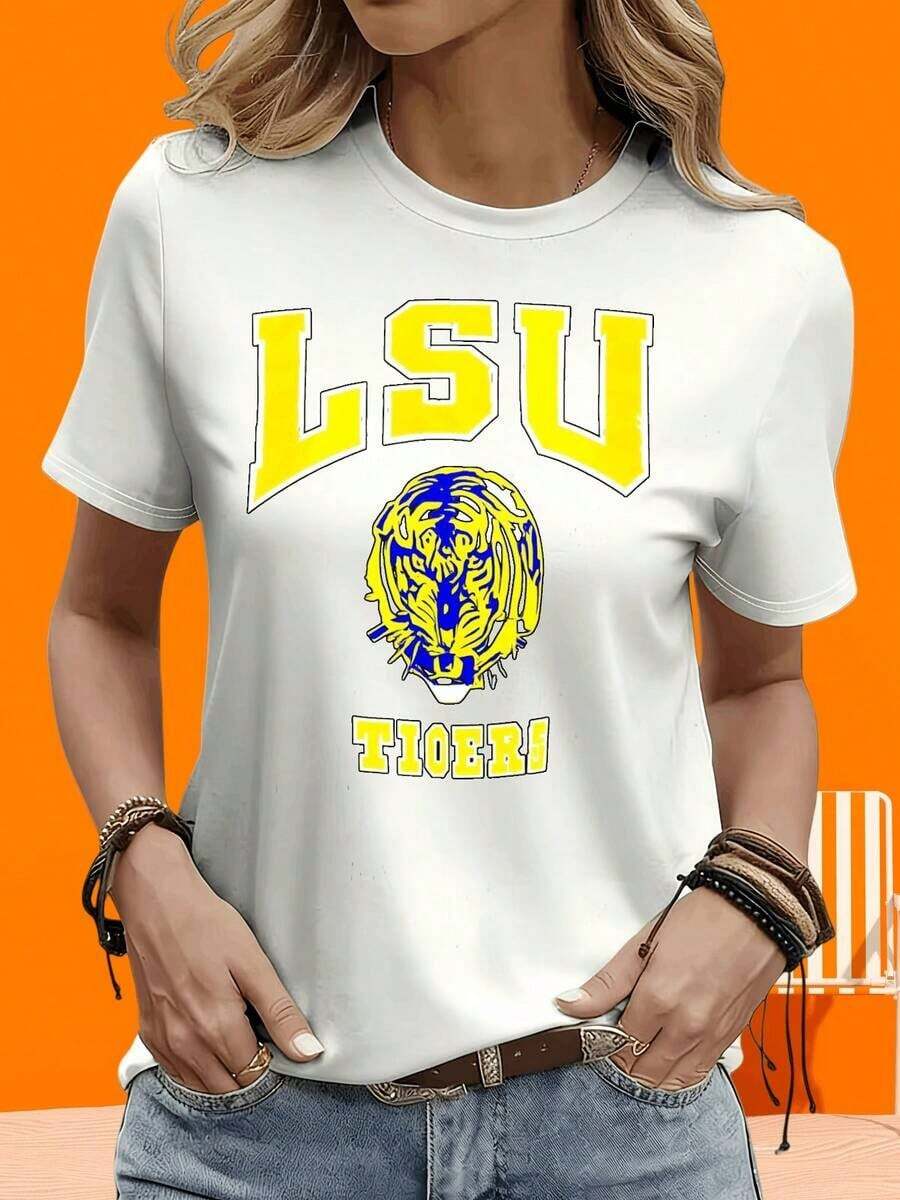 Camiseta Blanca con Logotipo del Equipo de Fútbol Universitario Tigers para Mujer y Hombre, Ropa Casual Unisex con Diseño de Cabeza de Tigre y Colores Amarillo y Azul, Camiseta de Manga Corta para Mujer en Blanco y Negro, Dos Camisetas para Uso Casual en Casa y al Aire Libre. - Blanco - Ver 1