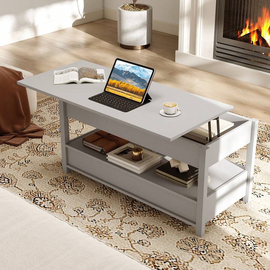 GOFLAME Farmhouse Lift Top Coffee Table Rectangular Center Table For Living Room Accent Table With Open Shelf & 2 Drawers - Light Grey - View 1