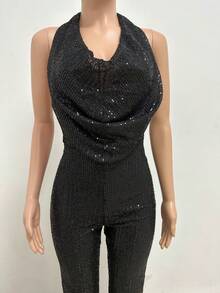 Monochromatic Gold Sequined Dress, Deep V-Neck Halter Neckline, Sleeveless Wide-Leg Design, Stretchy Shimmering Fabric Ideal For Evening Parties, Festive Events And Winter, Glamorous Sexy Style Perfect For Elegant Dinners And Celebrations - 黑色 - 查看 2