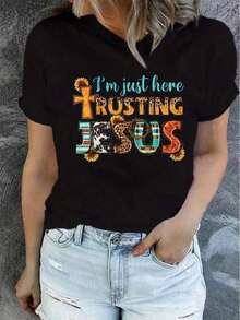 Casual Algodón Camiseta % Algodón Con Estampado De Jesús, Manga Corta, Cuello Redondo, Informal, Para Verano Y Primavera. Camiseta De Mujer Con Estampado De Jesús, Manga Corta, Cuello Redondo, Informal, Verano. Camisetas Gráficas Para Mujer.Fashion - Negro - Ver 6