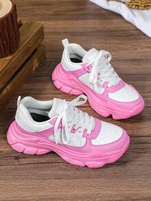 Giày sneaker đế xuồng đế dày phối màu cho nữ, thiết kế trắng hồng cá tính thanh lịch, giày sneaker đế bánh mì dày thoải mái đa năng, cổ thấp buộc dây, giày nữ phong cách dopamine, giày đôi size lớn, giày phong cách đường phố Mỹ retro trẻ trung - Hồng - Xem 4