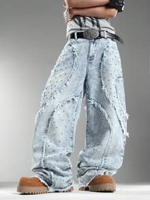 Men's Loose Wide Leg Denim Pants,Classic Washed Cat Whisker Design,Retro Nostalgic,Leisure Fashion (Belt & Accessories Not Included) - Blue - View 7