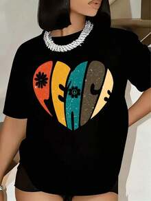 Camiseta Casual para Mujer, Estampado de Corazón y Texto, Manga Corta, Cuello Redondo, Ropa Casual de Calle, 220g, 100% Algodón, Duradera - Negro - Ver 6