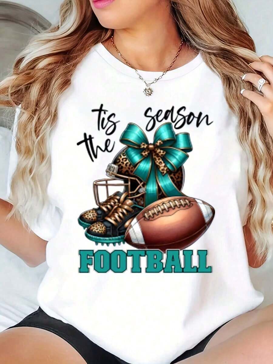 Women's Casual T-Shirt, Football Print, Leopard, Helmet, Shoes And Ball, Casual Top For Game Days And Holidays, 220g, 100% Cotton, Durable - 白色 - 查看 1