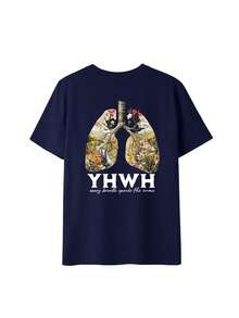 Women's Summer Short-Sleeved T-Shirt With YHWH Letter And Landscape Print, Loose And Versatile Fit, Round Neck, In Beige, Suitable For Everyday Wear And Holidays - 深藍色 - 查看 2