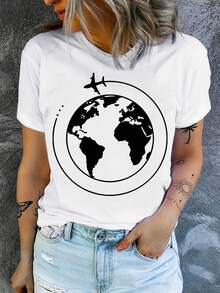 Under The RadarMap Print T-Shirt - Summer Travel Gift With Continent And Country Markers, Casual Crew Neck T-Shirt, Medium Stretch Fabric, Machine Washable For Teachers And Adventurers, Suitable For Travelers - Unisex Loose Fit Cotton Short Sleeve Crew Neck T-Shirt, Vintage Urban Style - 白色 - 查看 7