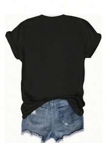 Women's T-Shirt With Letter Print And Round Neck, 100% Cotton, Summer Clothing For Women, Casual Short Sleeve Top For Spring And Summer, Women's Clothing, Women's T-Shirt - 黑色 - 查看 4