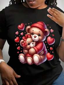 Camiseta con Estampado Gráfico de Oso de Peluche y Corazones - Cuello Redondo, Corte Holgado y Suave, Color Rojo Vibrante con Diseño de Oso de Peluche y Corazones, Comodidad para Todas las Temporadas, Lavable a Máquina, Camiseta Casual para Vestimenta Informal - Estilo Urbano Vintage, Unisex, de Algodón, Manga Corta, Cuello Redondo, Camisetas para mujer. blusas.blusas casuales para dama.Impresión de osos cariñosos.Camiseta estampada Impresión de osos cariñosos. - Negro - Ver 6