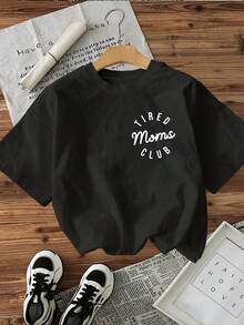 Lightweight "TIRED Moms" Graphic Print T-Shirt - Black With White Lettering, Short Sleeve, Round Neck, Casual Top, Soft And Breathable Fabric, Machine Washable, Comfortable Women's Clothing For All Seasons, Non-See-Through Material, Casual Everyday Outfit. - 黑色 - 查看 6
