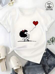 Lightweight And Loose Fit - Relaxed Fit - Cartoon Print T-Shirt | Cute White T-Shirt, Paired With Black Curly Hair And A Red Bow. | The Fun Design Features A Character Holding A Heart-Shaped Balloon. | Stylish Bow Detail On The Front. | Soft And Comfortable Fabric, Suitable For Everyday Wear. | Perfect For Casual Occasions. - 白色 - 查看 6