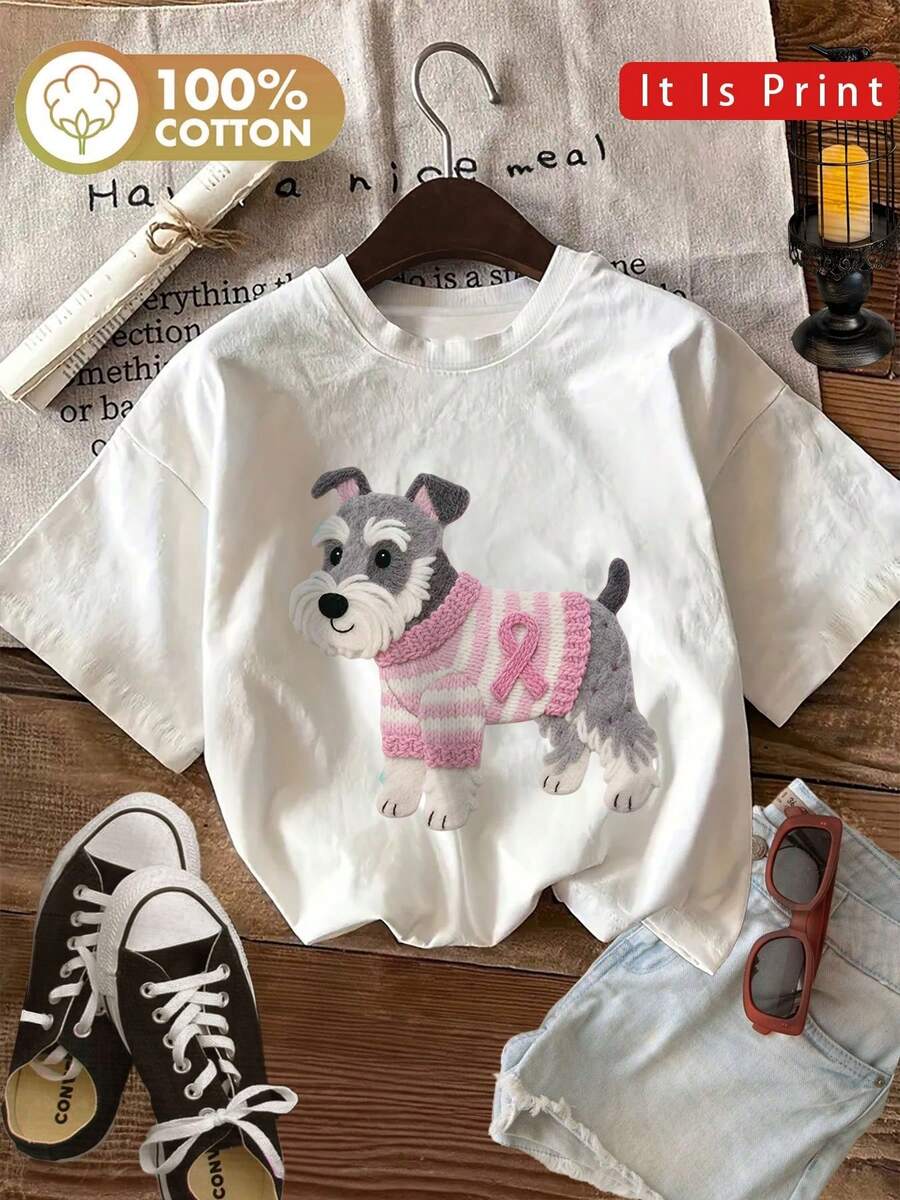 Ropa deportiva de estilo athleisure, 1 pieza de ropa de verano para mujer, con un lindo diseño de un perro Schnauzer con una camiseta estampada con un suéter rosa, adecuada para uso casual diario. Ropa elegante para mujer, estilo: cuello redondo, mangas cortas, corte holgado, un regalo para usted misma/familia/amante/amigos, top de algodón transpirable, ropa casual para gimnasio que absorbe la humedad. - Blanco - Ver 1
