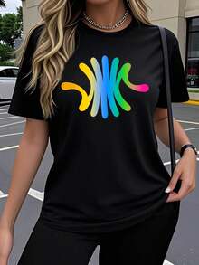 Cozy Comfy Lounge Camiseta de manga corta para mujer, de una pieza, para primavera/verano, con un diseño geométrico de colores en degradado, un estampado popular, creativo, artístico y divertido, de moda, con cuello redondo elástico y transpirable, cómoda para usar al aire libre en primavera, verano y otoño. Camiseta de cuello redondo, holgada, casual, sencilla y a la moda, estilo Y2K, suave, moderna, estampada, transpirable y cómoda, camiseta deportiva de manga corta, ropa deportiva elegante e informal para fitness y entrenamientos, perfecta como regalo para las vacaciones. Ropa suave y relajada para el hogar. - Negro - Ver 11