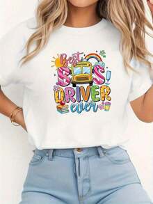 Women's Graphic Print T-Shirt "World's Best Bus Driver" - Cartoon Bus Design With Stars, Flowers, And Rainbows, Casual Short Sleeve Crew Neck T-Shirt, Soft And Breathable For Spring And Summer, Machine Washable, Fun Design, Stretchy Fabric, Women's Blouses > Clothing - 白色 - 查看 6
