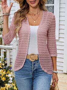 Cárdigan casual de mujer de manga 3/4 con abertura frontal, ropa de otoño e invierno para mujeres - Rosa - Ver 3