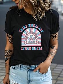 | Exquisite Design | Loose And Comfortable | Easy To Match | Women's Rainbow Design T-Shirt - Black With Pink And Blue Lettering, Short Sleeve, Round Neck, Casual Cut, Regular Fit H-Line, Machine Washable, Suitable For Summer And Spring Activities, Comfortable And Breathable T-Shirt. - Black - View 7