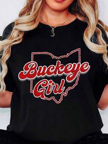 Camiseta con estampado del mapa del estado Ohio Buckeye Girl - Ropa casual para mujer, perfecta para el espíritu universitario, el día del partido o para atuendos cotidianos. - Negro - Ver 1