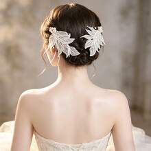 2pcs Handmade Braided Faux Pearl Hair Clips, Elegant Bridal Wedding Accessories,Hair Barrettes,Hair Claws - White - View 3