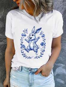 1 pieza de camiseta de verano para mujer, de manga corta y estampada, moderna y casual, lavable a máquina, ajuste cómodo, estampado plano 2D, 180g, 100% algodón. - Blanco_06 - Ver 12