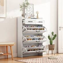 Schuhkommode mit drehbarem Schuhschrank, bestehend aus drei großen Klappen und zwei Schubladen, Holzschuhschrank, Schuhregal, Geeignet für Eingangsbereiche und Wohnzimmer - Weiß + Spanplatte - Übersicht 2