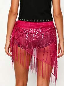 Women Belly Dance Sequin Tassel Hip Scarf Triangle Belt Wrap Skirts Music Festival Sheer Mesh Waist Chain - 玫紅色 - 查看 2