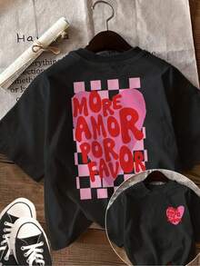 [Imágenes Frontales y Traseras] Camiseta de Mujer de Manga Corta con Cuello Redondo, Estilo Vintage Primavera/Verano, Estampado de Corazones y Cuadros, 100% Algodón, Ropa de Verano para Mujer, Blusa y Camisa para Mujer, Adecuada para Bodas, Vacaciones en la Playa y Otras Ocasiones. - Negro - Ver 6