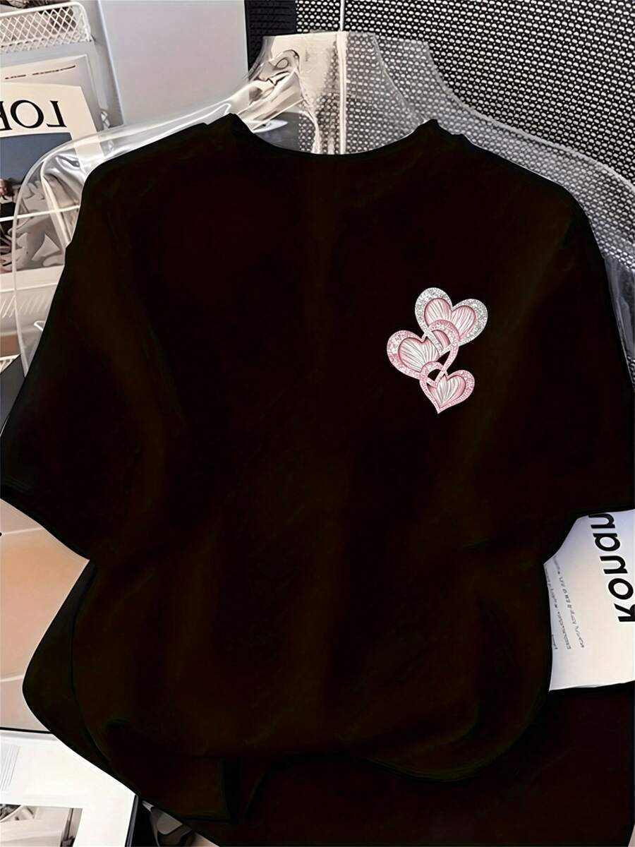 Plus Size - 1 Piece Of Women's Summer Short-Sleeved T-Shirt, Sweet And Style, With A Pink And Silver Gradient Heart Print. Soft, Comfortable Against The Skin, And Machine Washable. Perfect For Casual Social Gatherings. A Stunning Mother's Day Gift. - 黑色 4 - 查看 1