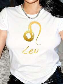 Women's Leo Graphic T-Shirt - Casual Black Crew Neck Short Sleeve T-Shirt With Gold Zodiac Design, Comfortable And Breathable For Spring And Summer, All Season Sportswear, Zodiac Print Sports T-Shirt, Comfortable Fit, Women's T-Shirts. - 白色 - 查看 6