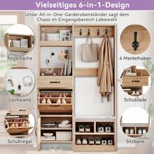 Garderoben-set, Wandgarderobe, Flurgarderobe Set mit Schuhbank, Garderoben Set mit 4 Kleiderhaken, 1 Schubladen und 2 Türen - Natur + Weiß + Spanplatte-1 - Übersicht 8