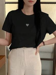 Women's Casual Loose-Fitting Crew Neck T-Shirt With Elegant Hollow Heart Design - Vintage Street Style Unisex Cotton Short Sleeve Crew Neck T-Shirt - 黑色 - 查看 5