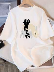 Camiseta de mujer% algodón, camiseta de manga corta de algodón con estampado de diseño único, nuevo estilo de verano, corte holgado, top adelgazante para estudiantes y damas. - Blanco - Ver 1
