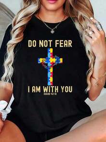 Women's T-Shirt: Do Not Fear, I Am With You - Autism Awareness Puzzle - Christian T-Shirt For Women - màu đen - Xem 7