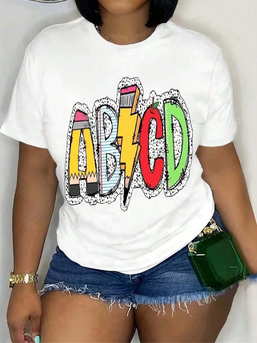 Women's Short-Sleeved T-Shirt, Soft And Breathable, 100% Cotton - Graphic Print With Teacher Theme, Casual Round Neck Top For Back To School Season, Versatile T-Shirt For Educators And Mothers, Teacher T-Shirt. - 白色 - 查看 1