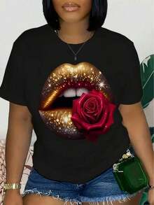 Lip Print T-Shirt, Short Sleeve, Round Neck, Casual Top, Summer And Spring, Women's Clothing, Women's T-Shirts - 黑色 - 查看 1