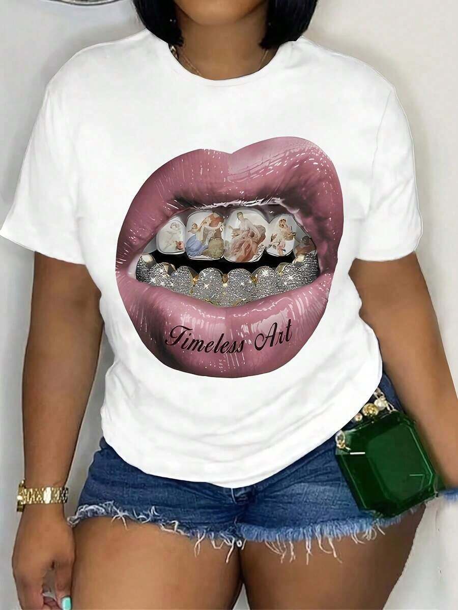 Camiseta con Estampado de Labios, Manga Corta, Cuello Redondo, Top Casual, Verano y Primavera, Ropa de Mujer, playeras de mujer - Blanco - Ver 1