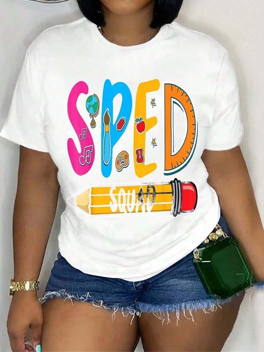 Women's Short-Sleeved T-Shirt, Soft And Breathable, 100% Cotton - Graphic Print With Teacher Theme, Casual Round Neck Top For Back To School Season, Versatile T-Shirt For Educators And Mothers, Teacher T-Shirt. - 白色 - 查看 1