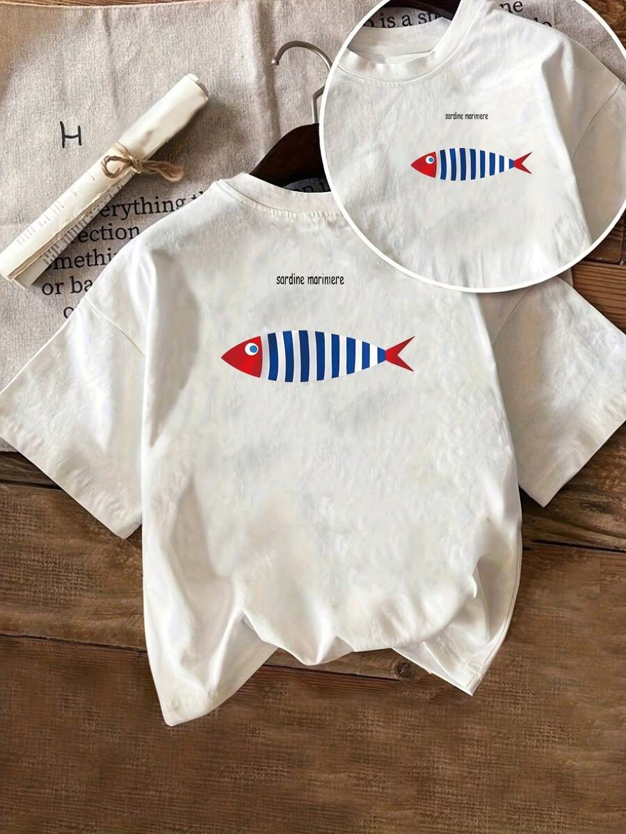 Premium Quality Short-Sleeved T-Shirt With Front And Back Print, Sailor Sardine Design, Casual Striped Top For Women, Casual Short-Sleeved Round Neck Shirt, Suitable For Summer And Spring, Women's Clothing, . - 白色 - 查看 1