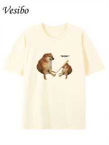 Hit Your Dog's Head! Funny T-Shirt With A Round Neck And Creative Design, Pure And  Summer Fashion, Short Sleeves, Casual Top For Everyday Wear - 杏 - 查看 1