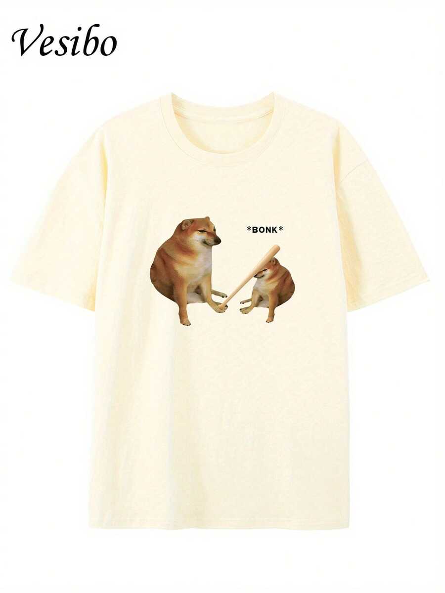 Hit Your Dog's Head! Funny T-Shirt With A Round Neck And Creative Design, Pure And Summer Fashion, Short Sleeves, Casual Top For Everyday Wear - 杏 - 查看 1