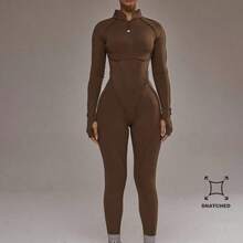 Sport Contrast Piping Zip Through Open Back Fitted Long Sleeve Jumpsuit Padel Activewear Sport Gym Workout Yoga Pilates Fitness Daily Casual - Blanco cremoso - Ver 2