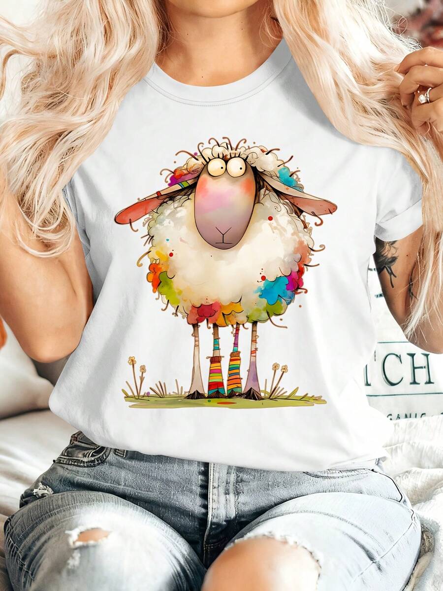 Cute Animal Series: Women's Summer T-Shirt With Sheep Print, Round Neck, Short Sleeve, Comfortable, Soft, Stylish, Fantasy Style, Vintage, Casual, Versatile, Sporty, Available In Sizes S-XXL For Spring, Summer, Autumn And Winter - 白色 - 查看 1
