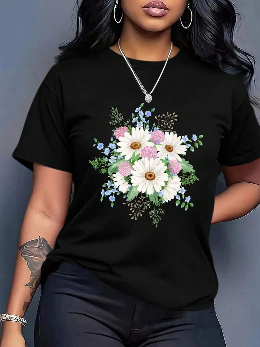 Women's Cotton T-Shirt, Round Neck, Loose Fit, Casual, With Bohemian Floral Print, Short Sleeve - Soft Light Blue, Pink, White, Brown, Beige, Suitable For Layering In Spring And Summer, Comfortable Machine Washable T-Shirt, Sweater With Geometric Pattern, Suitable For Home And Outdoor Use, Loose Women's Clothing For All Seasons, Women's T-Shirt, Women's Long Sleeve T-Shirt. - 黑色 - 查看 1