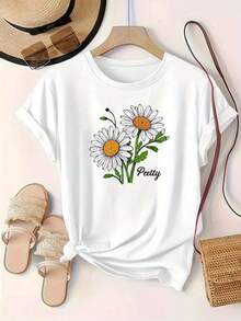 Women's Casual Short Sleeve T-Shirt - White Daisy Floral Print With The Letter "Pretty", Breathable Round Neck For All Seasons, Machine Washable, Comfortable Style, Everyday Wear For Women, Bright Print T-Shirt, Comfortable Fabric. - 白色 - 查看 7