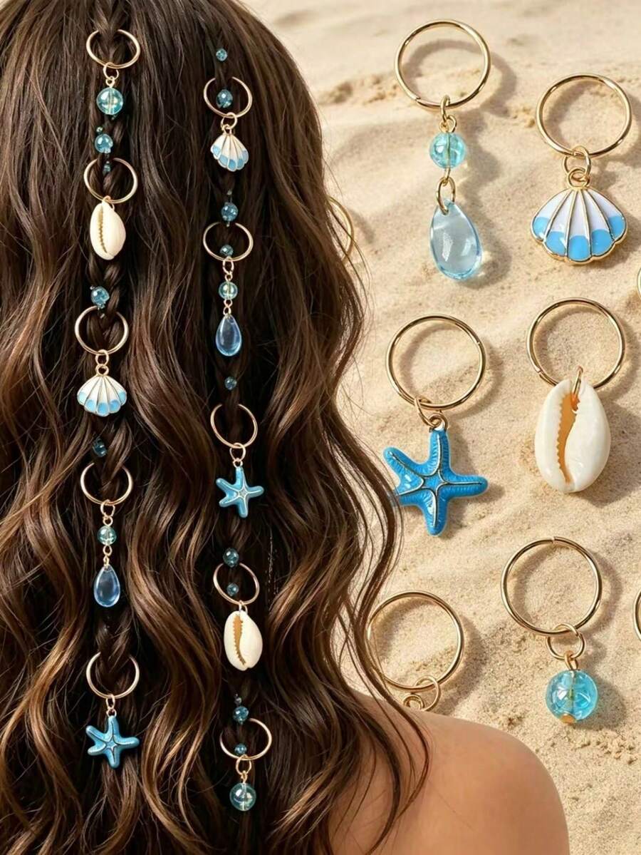 10/20pcs Ocean Theme Hair Ties, Bohemian Style Shell & Star Hair Accessories, Blue Crystal Bead Hair Rings For Braiding, Beach Vacation Mermaid Hair Accessories, Summer Hippie Style Girls Hair Accessories - Multicolor - View 1