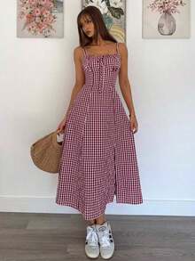 Vestido a media pantorrilla con tirantes a cuadros para mujeres, de moda y apropiado para el verano - Burdeos - Ver 5