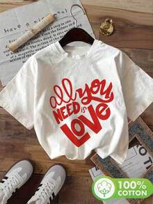 Women's Valentine's Day T-Shirt, Manuscript Style, Red Art Words, "A You Need I Love," Valentine's Gift, Round Neck, Casual Spring/Summer Short Sleeve, Pure Cotton - 白色 - 查看 6
