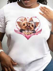 A Beautiful Design Featuring Two Yorkshire Terriers Embracing In A Pink Heart Pattern, Perfect For Elegant Parties. This Stylish, Loose-Fitting Gift Is Made From Soft, Machine-Washable Fabric. - White - View 1