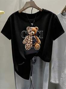 Camiseta negra informal de manga corta con cuello redondo para hombre,Camisetas Para Mujer Cómpralo ya camiseta divertida estampada niño osito suave casual verano urbano negro talla S M L  moda juvenil  2023 - Negro - Ver 6