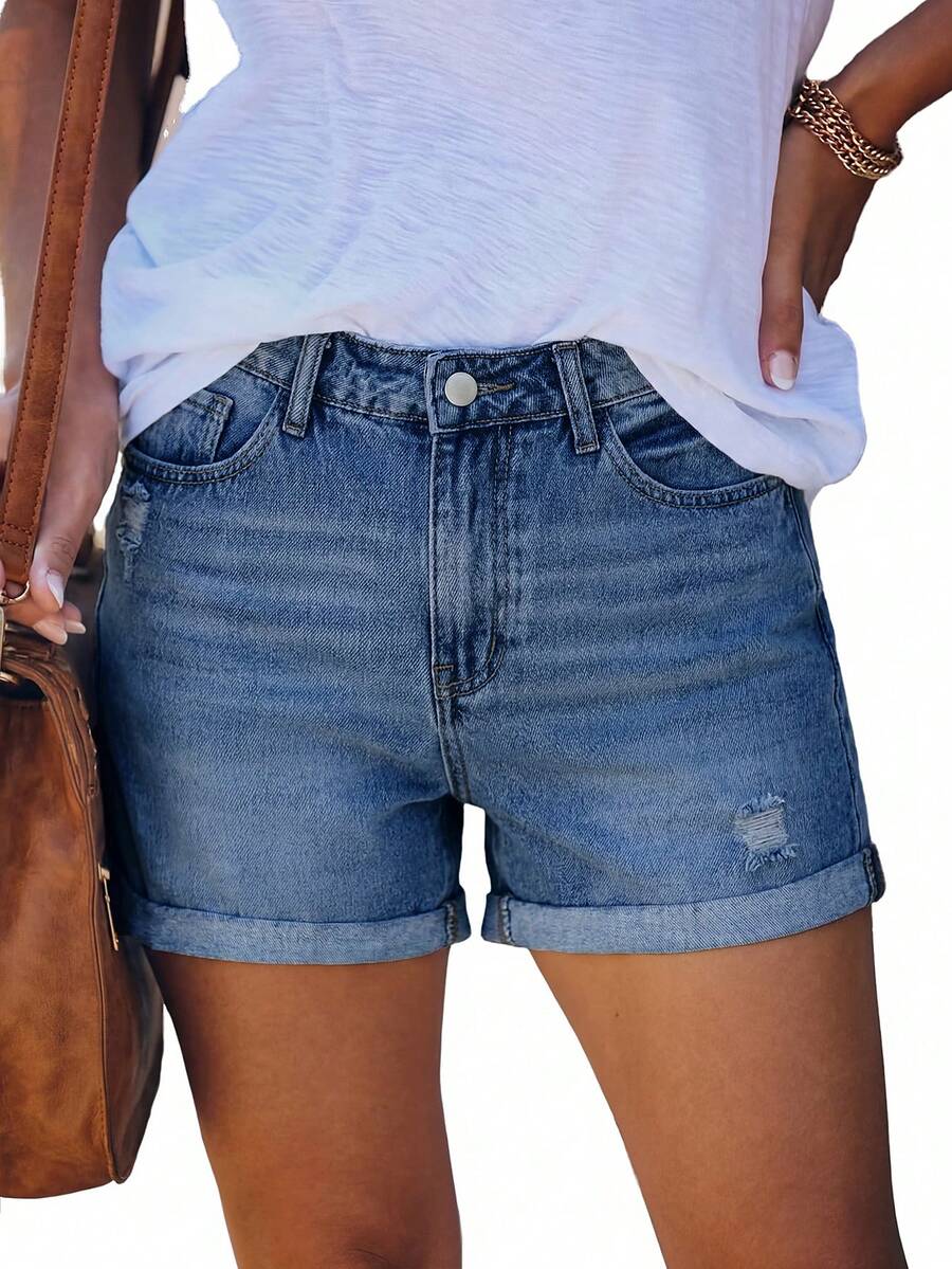 Women's Solid Color Casual Loose Cuffed Denim Shorts, Versatile Daily Wear Summer - Dark Wash - View 1