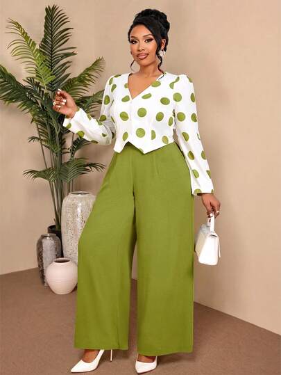 BIUBIU Chic Plus Size V-Neck Button Ruched Polka Dot Blouse With Green Wide Leg Pants, Elegant 2 Piece Co-Ord For Fall Women